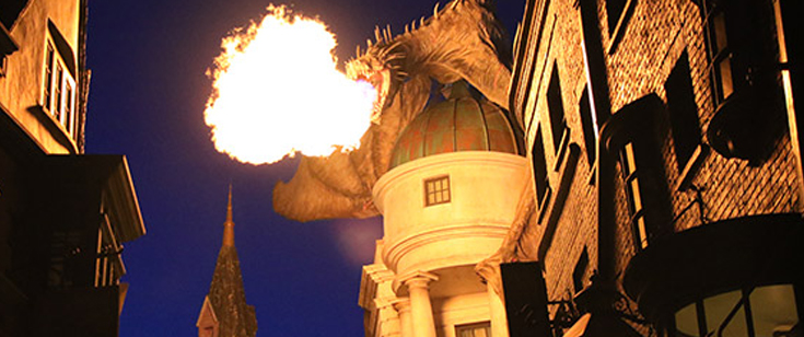 A dragon breathes fire at Universal Studios Florida Escape from Gringott's. A dragon breathes fire at Universal Studios Florida Escape from Gringott's.